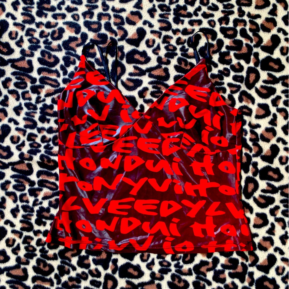Black and red graffiti pleather tank top